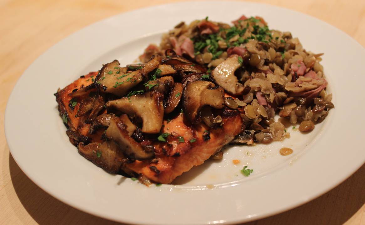 Broiled Salmon with Wild Mushrooms and Lentils